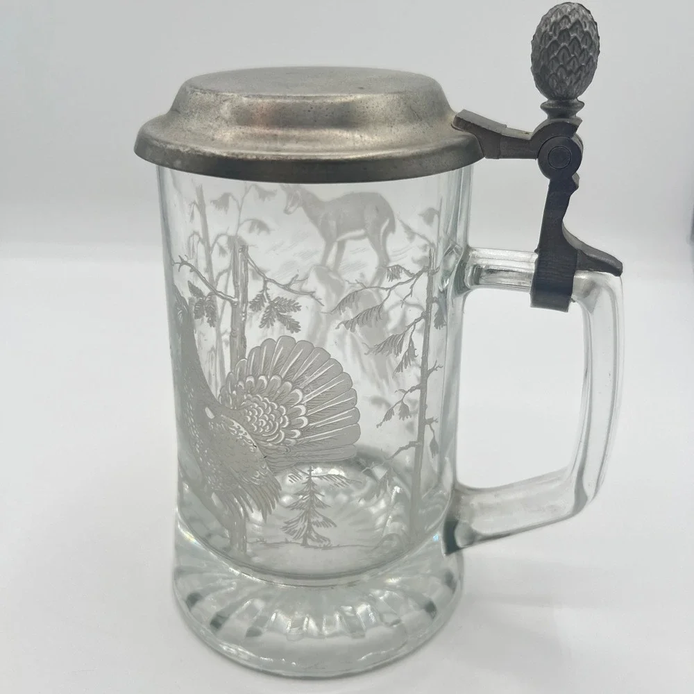 Vintage‎ Regenhutte Etched Glass Beer Stein Deer Game Bird German Style